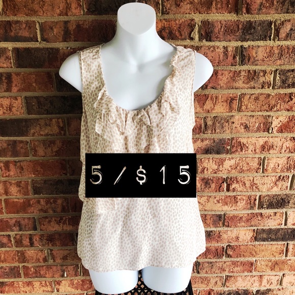 Halogen Tops - 5/$15 HALOGEN White + Tan Frilly Silk Blouse